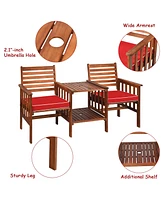 Costway Patio Loveseat Conversation Set Acacia Wood Chair Coffee Table