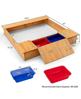 Kids Wooden Sandbox with Bench Seats and Storage Boxes