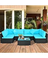 Gymax 7PCS Rattan Patio Conversation Set Sectional Furniture Set w/ Blue Cushion