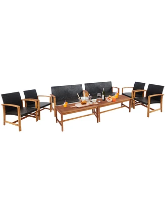 Gymax 8PCS Patio Conversation Set Outdoor Furniture Set w/ Acacia Wood Frame