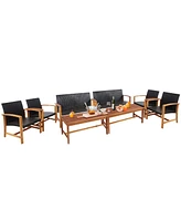 Gymax 8PCS Patio Conversation Set Outdoor Furniture Set w/ Acacia Wood Frame