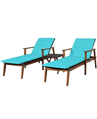 Gymax 3PCS Outdoor Patio Lounge Chair Set w/ Folding Table Turquoise Cushion