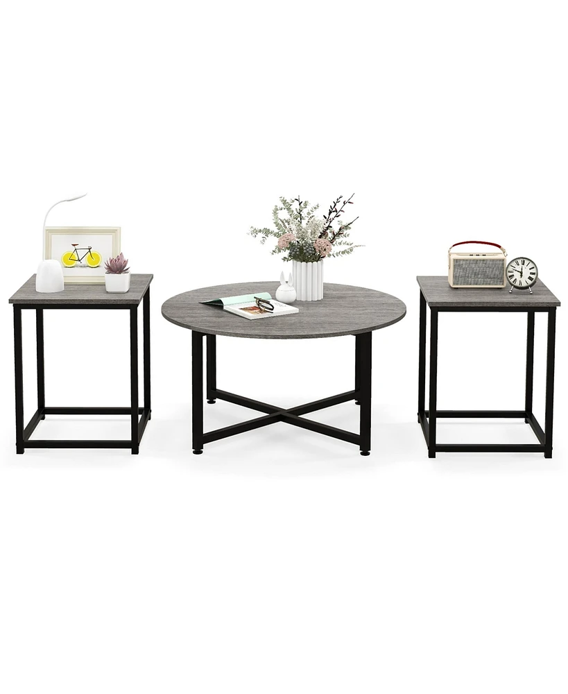 Costway 3 Pcs Coffee Table Set Round Coffee Table and 2 Pcs Square End Tables Metal Frame