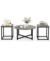 Costway 3 Pcs Coffee Table Set Round Coffee Table and 2 Pcs Square End Tables Metal Frame