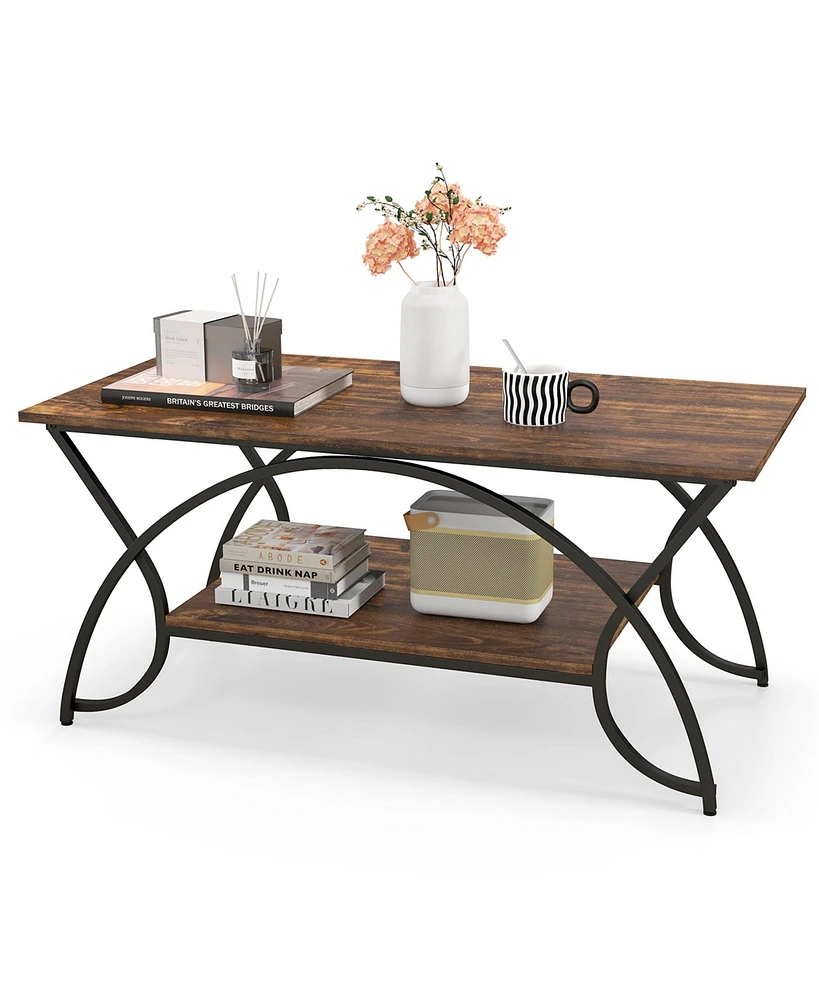 Costway 2-Tier Industrial Coffee Table Rectangular Cocktail with Storage Shelf