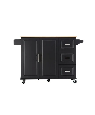 Simplie Fun Mobile Kitchen Island with Extendable Tabletop, Storage & Towel Rack, Black-Beech