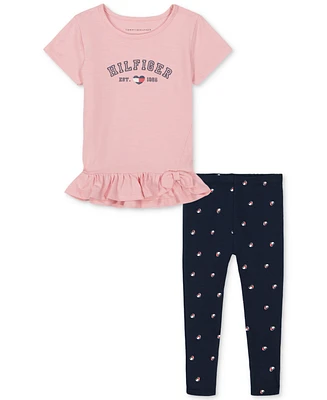 Tommy Hilfiger Toddler Girls Ruffle-Hem Logo Tunic & Logo-Print Leggings, 2 Piece Set