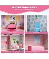 2-In-1 Double Sided Kids Kitchen Playset and Dollhouse with Furniture