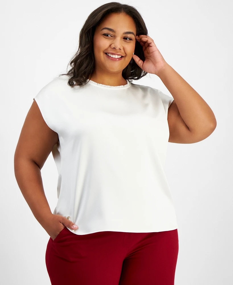 Tahari Asl Plus Size Satin Boat-Neck Cap-Sleeve Top