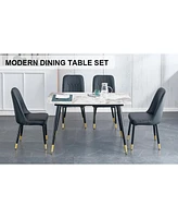Stone Table & Pu Leather Chair Set - Black Metal Legs - 1 Table & 4 Chairs