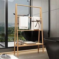 Bamboo Ladder Towel Rack With Storage Shelf