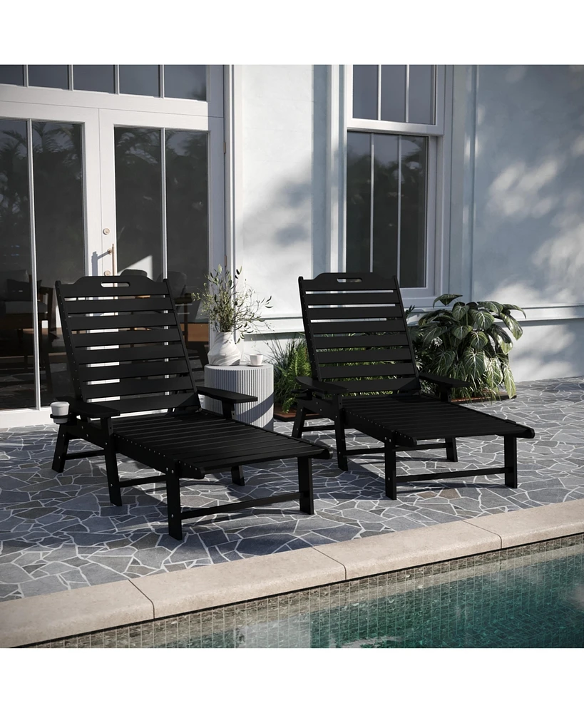 Merrick Lane Gaylord Set Of 2 Adjustable Adirondack Loungers With Cup Holders- All-Weather Indoor/Outdoor Hdpe Lounge Chairs