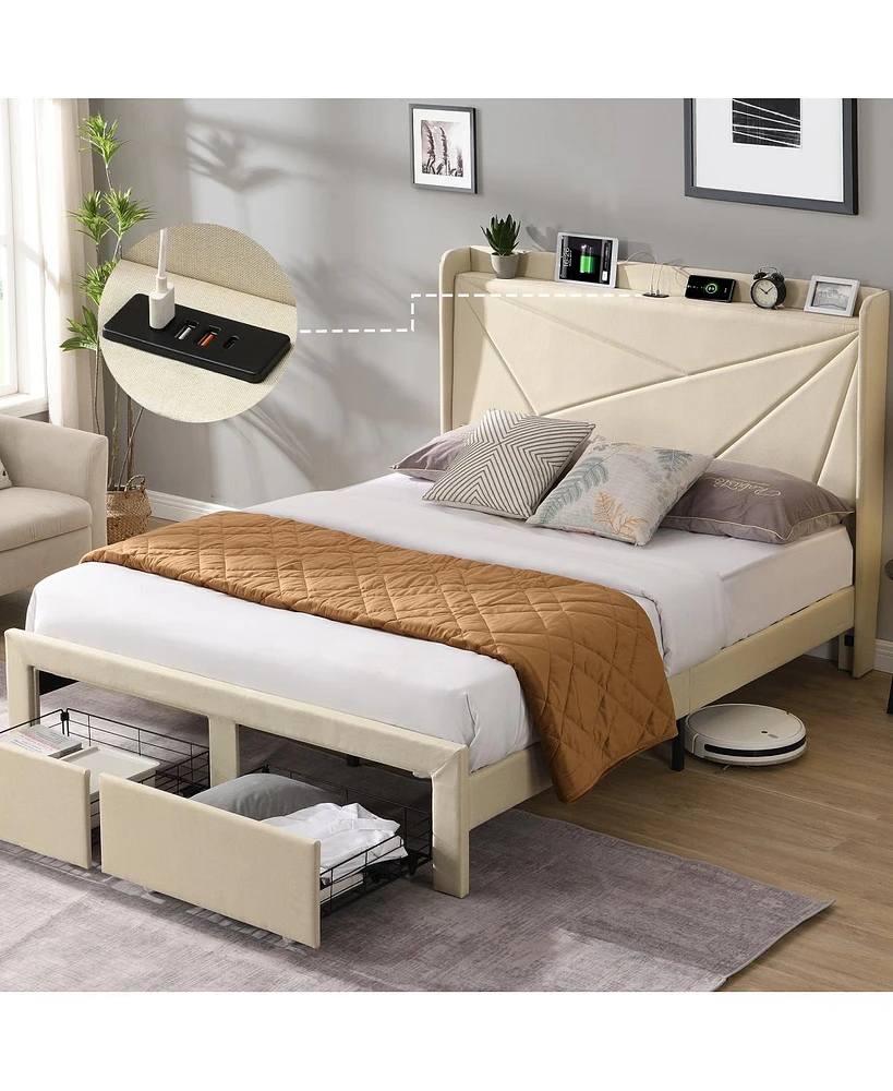 Streamdale Furniture Upholstered Queen Bed Frame with Storage & Usb Charging