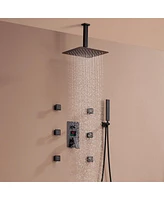 Mondawe 12" Wall Mounted Thermostatic Complete Shower System Set with Handheld Spray & 6 Body Jets