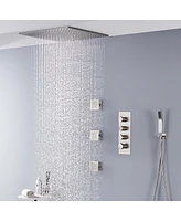 Mondawe 20" Ceiling Mount Thermostatic Shower System Set with Handheld Spray & 3 Body Jets, Brushed Nickel