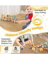 Slickblue Wooden Toy Train Set with Stacking Wooden Blocks and Cute Animal Patterns