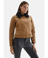 Furniq Uk Women's Shearling Jacket, Silky Tan With Black Wool