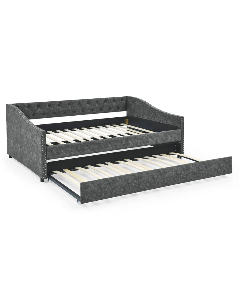 Simplie Fun Upholstered Full Daybed with Twin Trundle, Grey