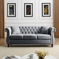 Grey Velvet Tufted 3-Seater Sofa with Pillows
