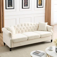 Simplie Fun Beige Velvet Chesterfield Sofa with Rolled Arms