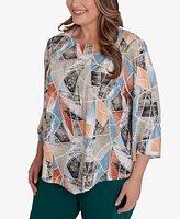 Alfred Dunner Plus Size Classic Stained Glass Sharkbite Top With Necklace