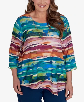 Alfred Dunner Plus Classic Watercolor Biadere Top with Necklace