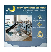 Twin Metal Loft Bed with Slide Safety Guardrails and Built-in Ladder