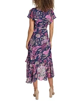 kensie Women's Printed Flutter-Sleeve Midi Dress