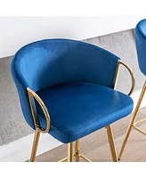 Streamdale Furniture 26 Inch Set Of 2 Bar Stools, With Chrome Footrest Velvet + Golden Leg Simple Barstool, Blue