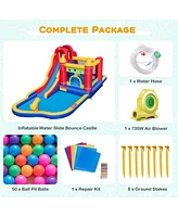 Costway 9-in-1 Inflatable Bounce Castle with Waterslide Water Cannon for 3+ with 735W Blower