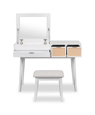 Simplie Fun 43" Classic Wood Vanity Set with Mirror, Stool, Drawers