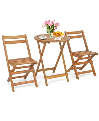 Costway 3 Pcs Folding Patio Bistro Set Solid Acacia Wood Table & Chairs Slatted Tabletop