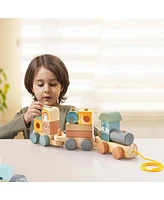 Kids Wooden Toy Train Set 3-Section with Stacking Blocks Baby Toddler Education