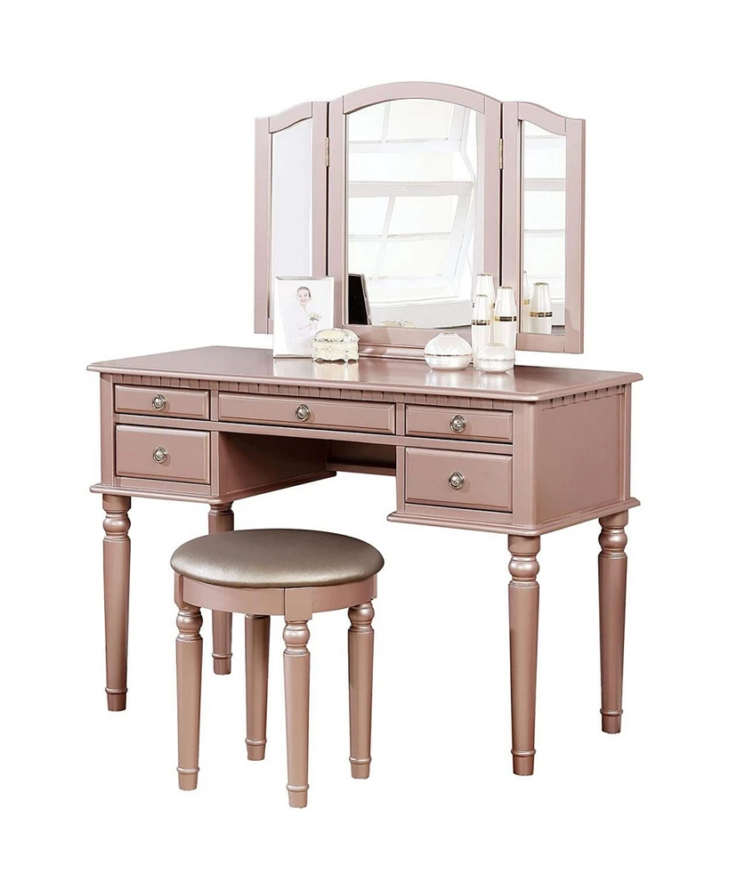 Simplie Fun Bedroom Contemporary Vanity Set W Foldable Mirror Stool Drawers Rose Color