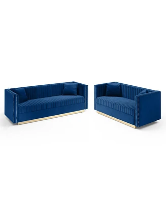 Simplie Fun Modern Blue Velvet Sofa Loveseat Set With Pillows