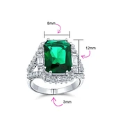 Bling Jewelry 7CT Cubic Zirconia Cz Pave Rectangle Green Emerald Cut Statement Fashion Ring For Women Rhodium Plated Brass