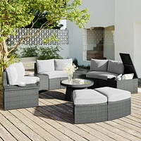 10-Pc Half-Round Rattan Patio Sofa Set, Free Combo, Blue