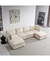 Simplie Fun Modular Sofa With Ottoman, Filled With Down, Soft Linen Fabric, Beige