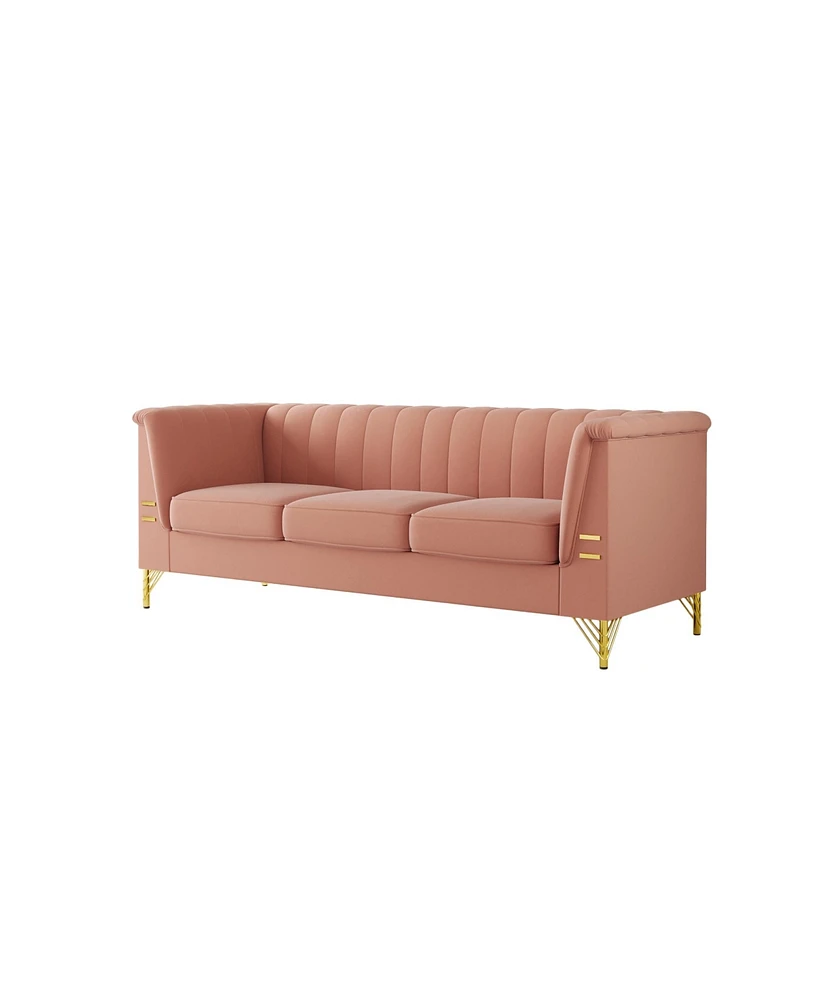 Simplie Fun Modern Pink Velvet 3-Seat Sofa with Golden Metal Legs