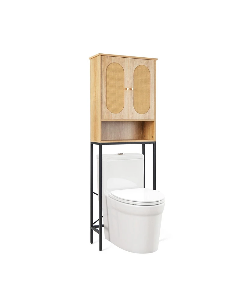 Slickblue Over The Toilet Storage Cabinet with Rattan Doors and Shelves-Natural