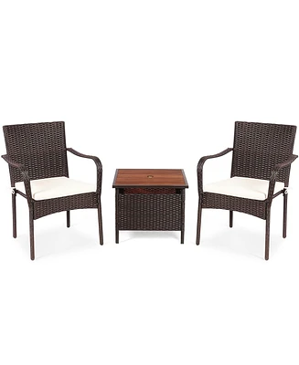Slickblue 3 Pieces Patio Rattan Furniture Bistro Set with Wood Side Table and Stackable Chair
