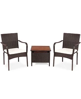 Slickblue 3 Pieces Patio Rattan Furniture Bistro Set with Wood Side Table and Stackable Chair