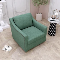 Swivel Armchair in Cotton Linen with Brass Accents