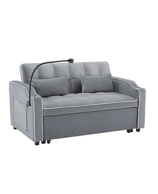 Simplie Fun Versatile Foldable Sofa Bed in 3 Lengths, Modern Velvet Pull-Out Bed with Usb Port (Grey)