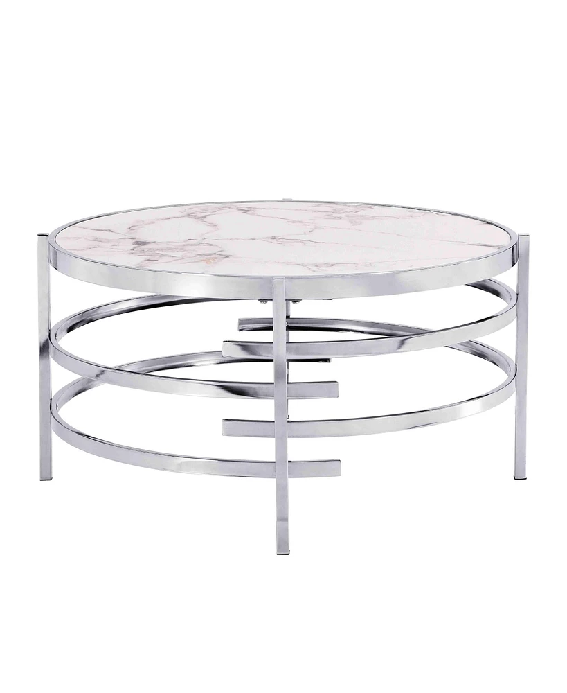 Simplie Fun 32.48" Modern Chrome Coffee Table, Stone Top, Sturdy Frame