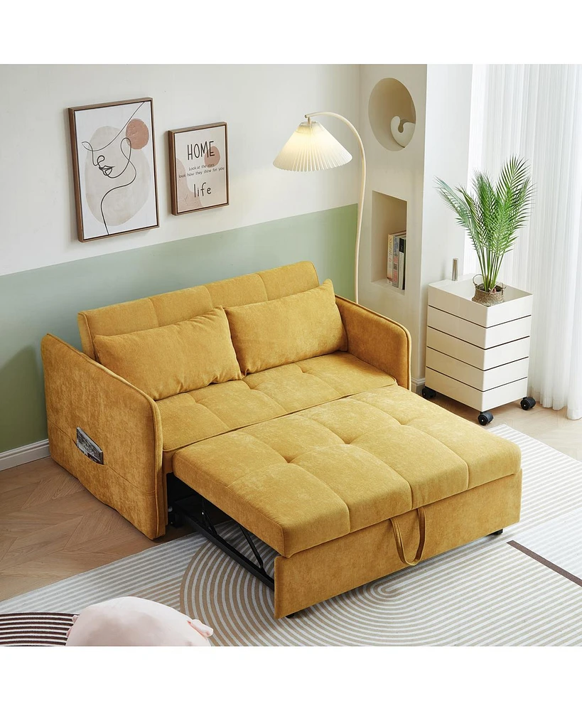 Simplie Fun Chenille Fabric Pull-Out Sofa Bed, Sleeper Loveseat Couch With Adjustable Armrests-Yellow