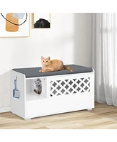 Slickblue Cat Litter Box Enclosure with Removable Cushion and Front Open Door-White