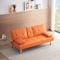 Streamdale Furniture 67" Orange Leather Multifunctional Double Folding Sofa Bed For Office With Coffee Table