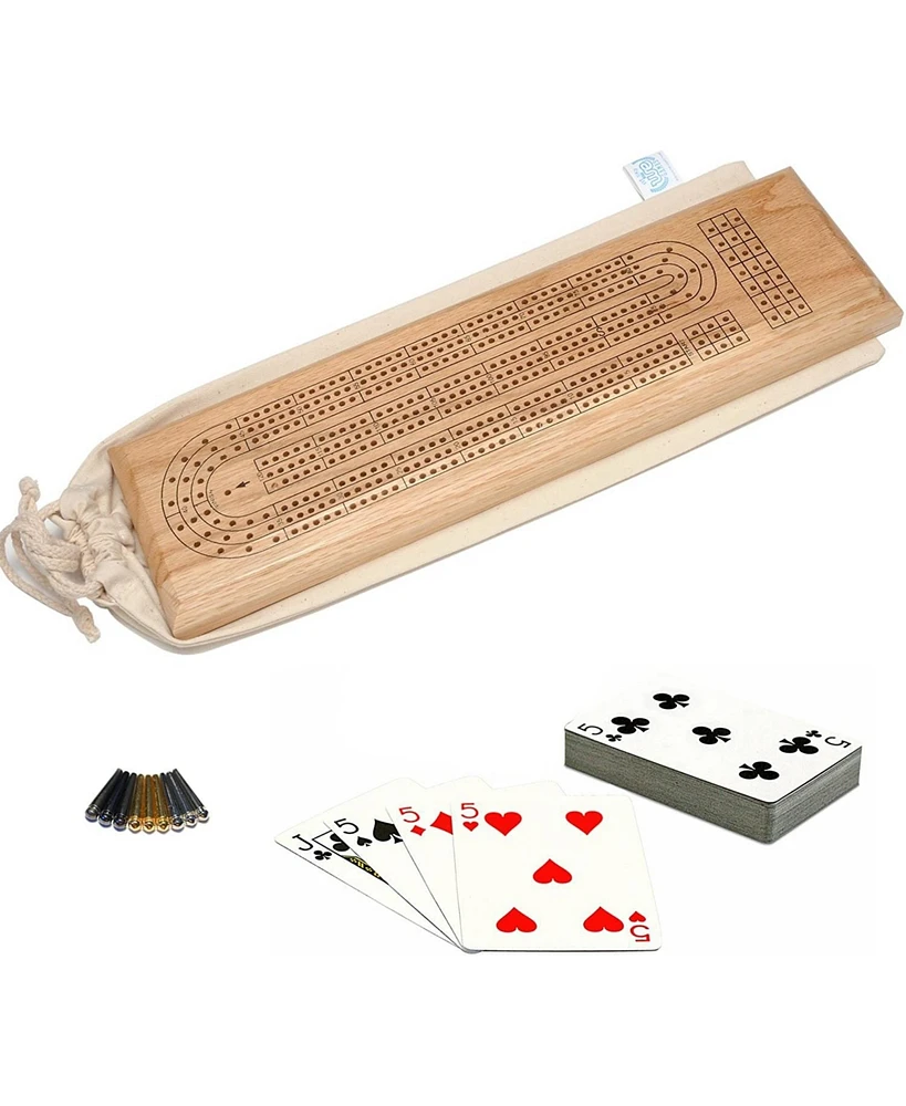 We Games Deluxe Cribbage Set - Solid Oak Wood Continuous 3 Track Board