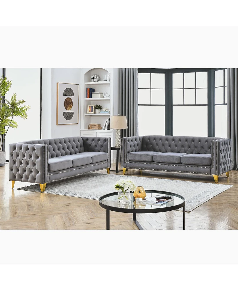 Modern Grey Velvet Sofa Set with Metal Legs